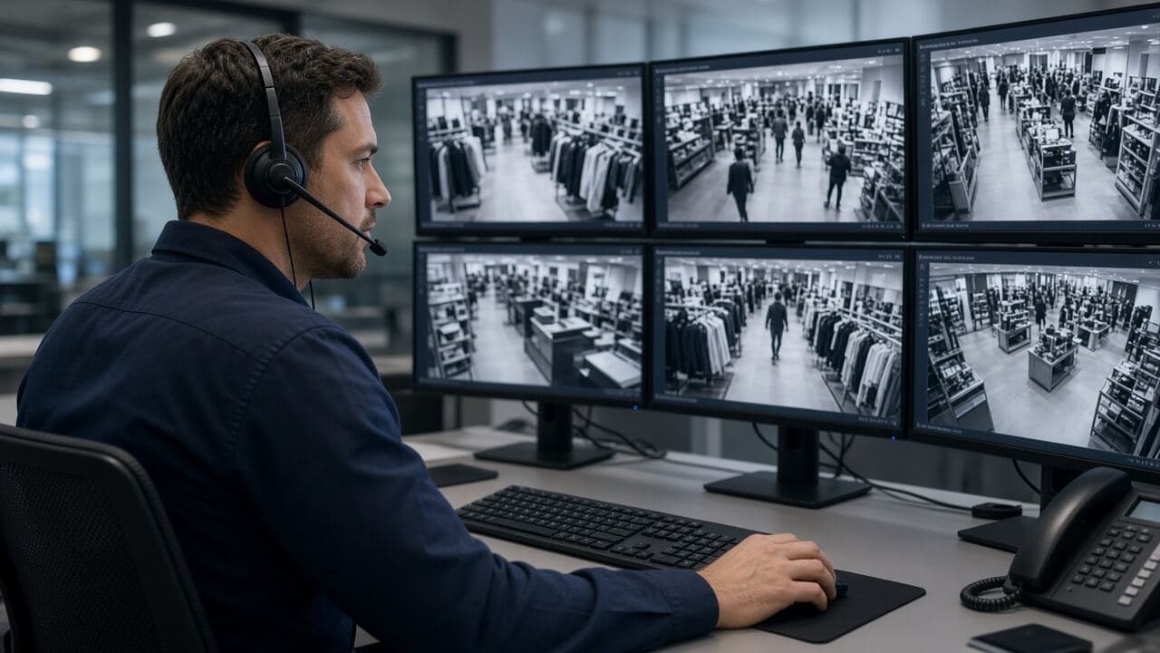 Operator watching camera feeds on several monitors